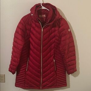 Michael Kors Women's Cherry Red 2 Front Zippers Down/Feather Puffer PackableCoat